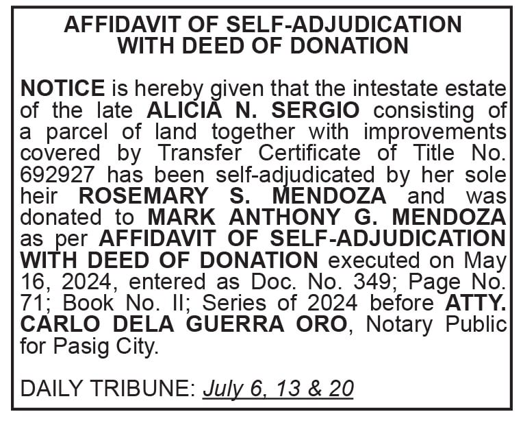 Affidavit of Self-Adjudication with Deed of Donation - Alicia N. Sergio
